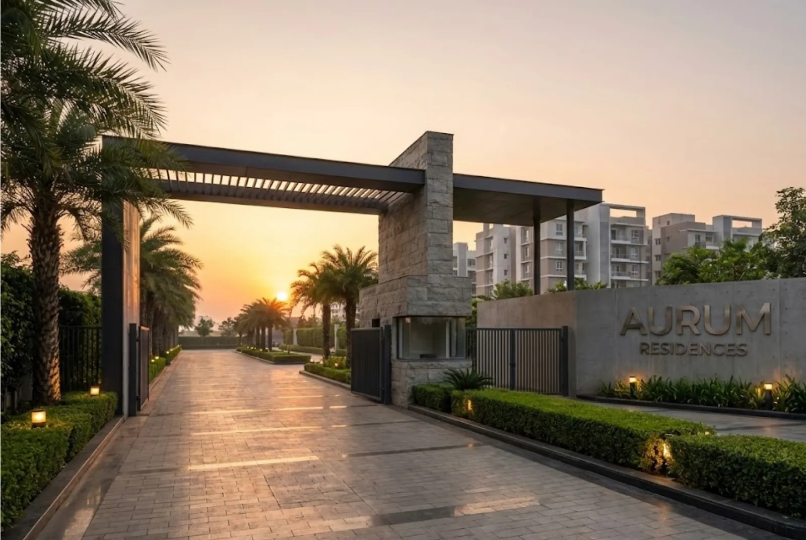 Aurum Residences township entrance at sunrise