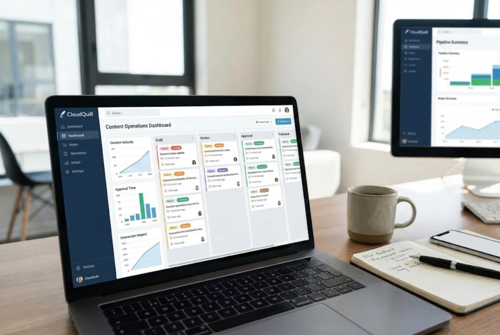 CloudQuill content ops dashboard on laptop