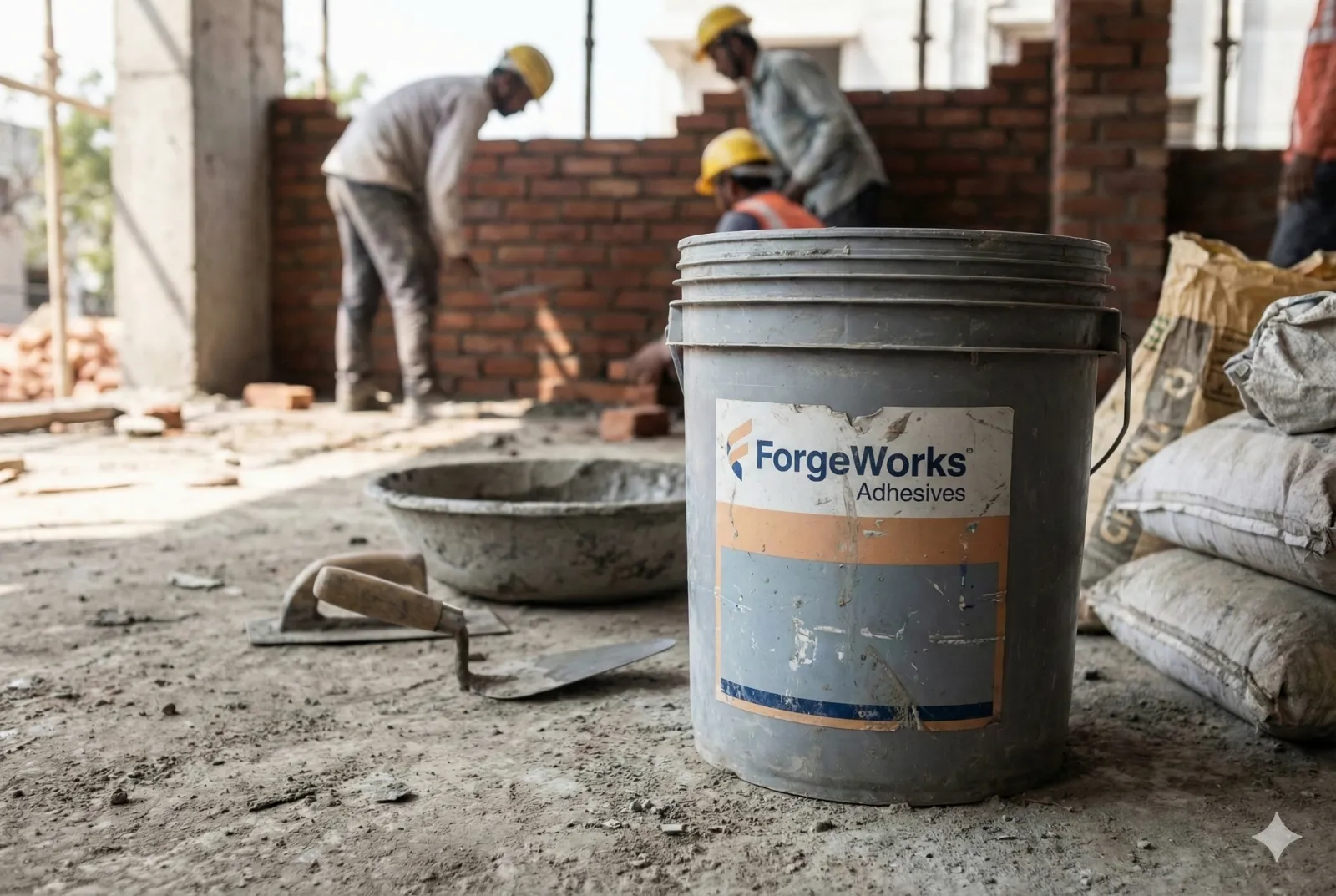 ForgeWorks adhesive bucket on construction site