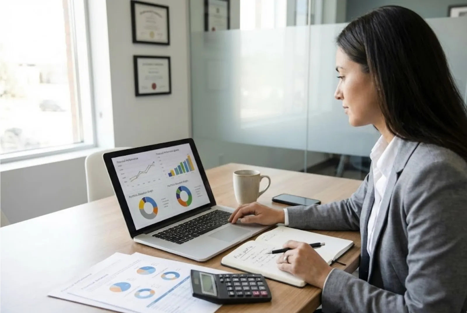 Financial advisor at desk with charts