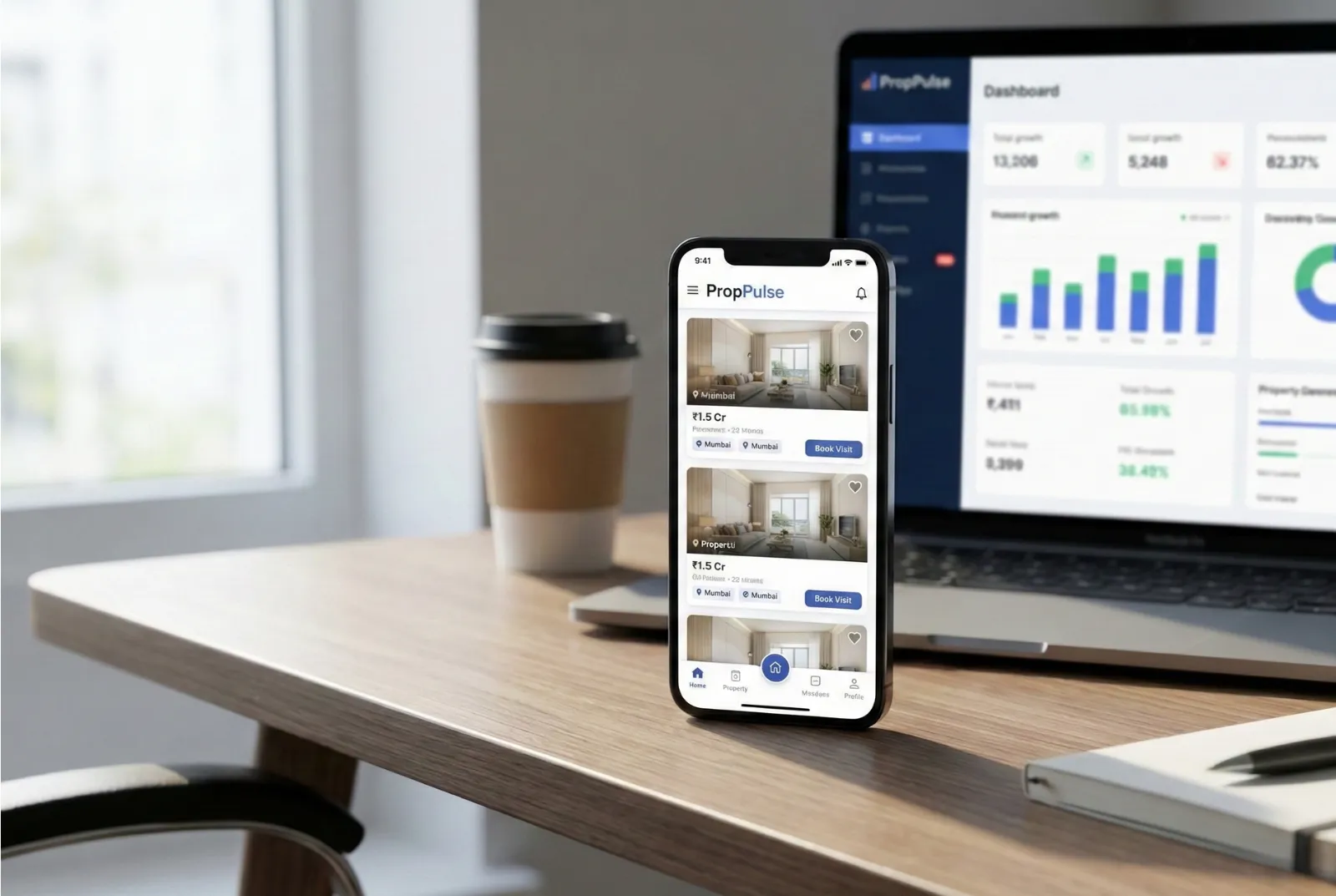 PropPulse app mockup showing property listings