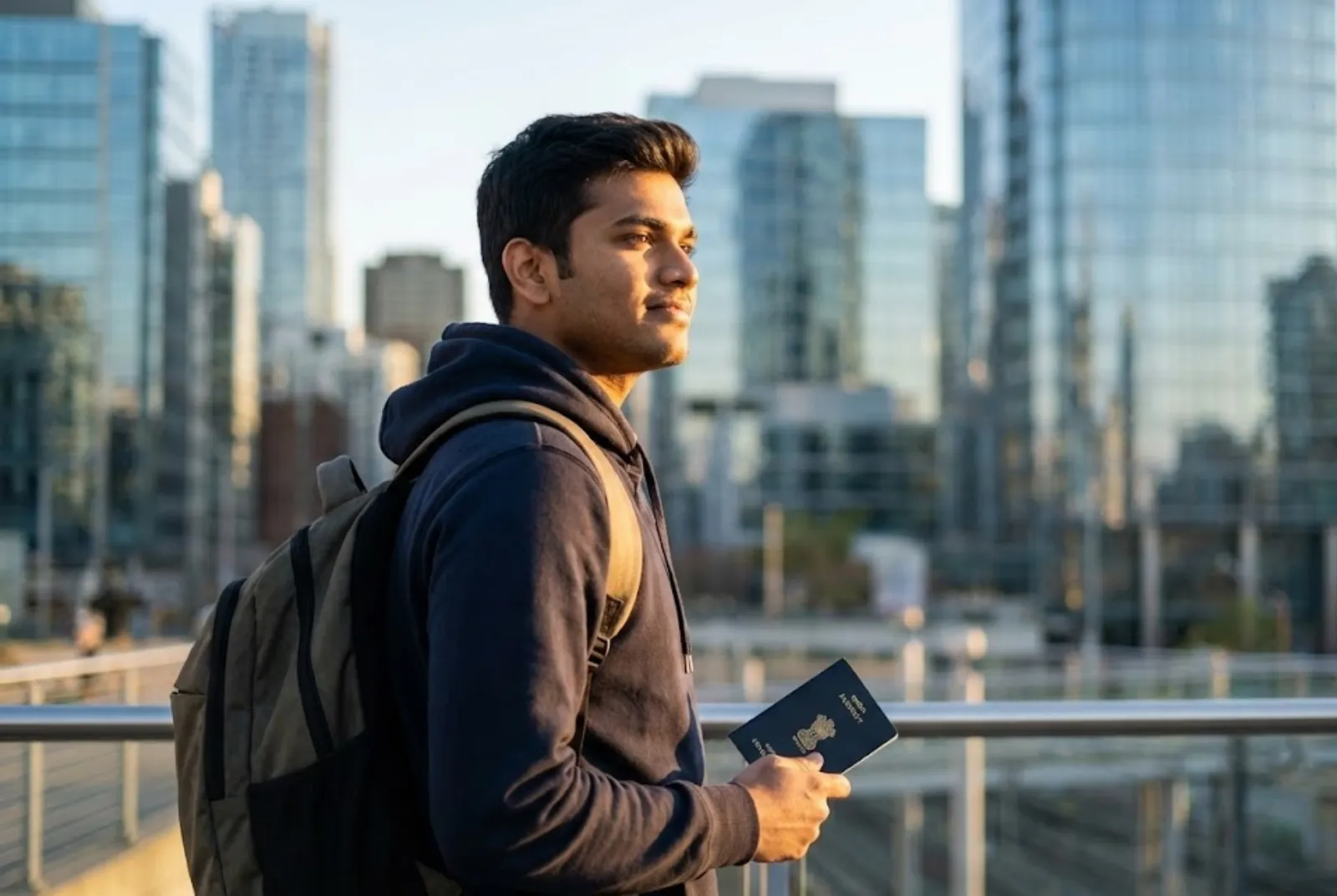 Student with passport looking towards skyline
